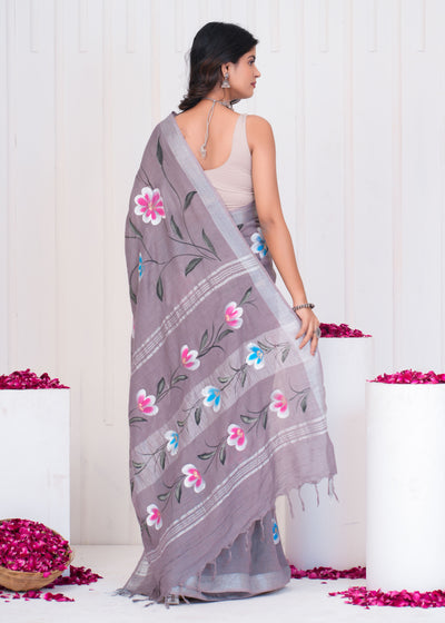 Hand Block Printed Cotton Linen Saree With Blouse ( LS0514 )