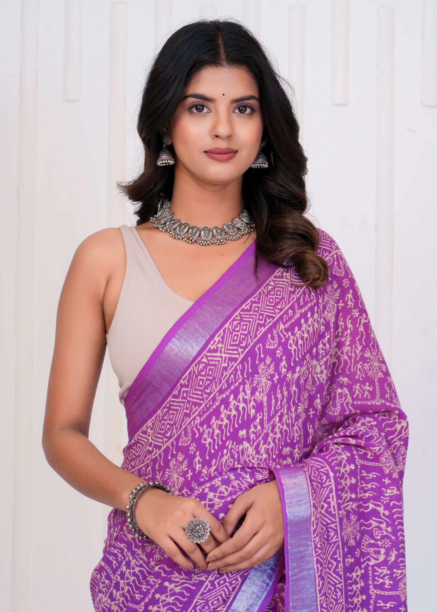 Hand Block Printed Cotton Linen Saree With Blouse ( LS0516 )