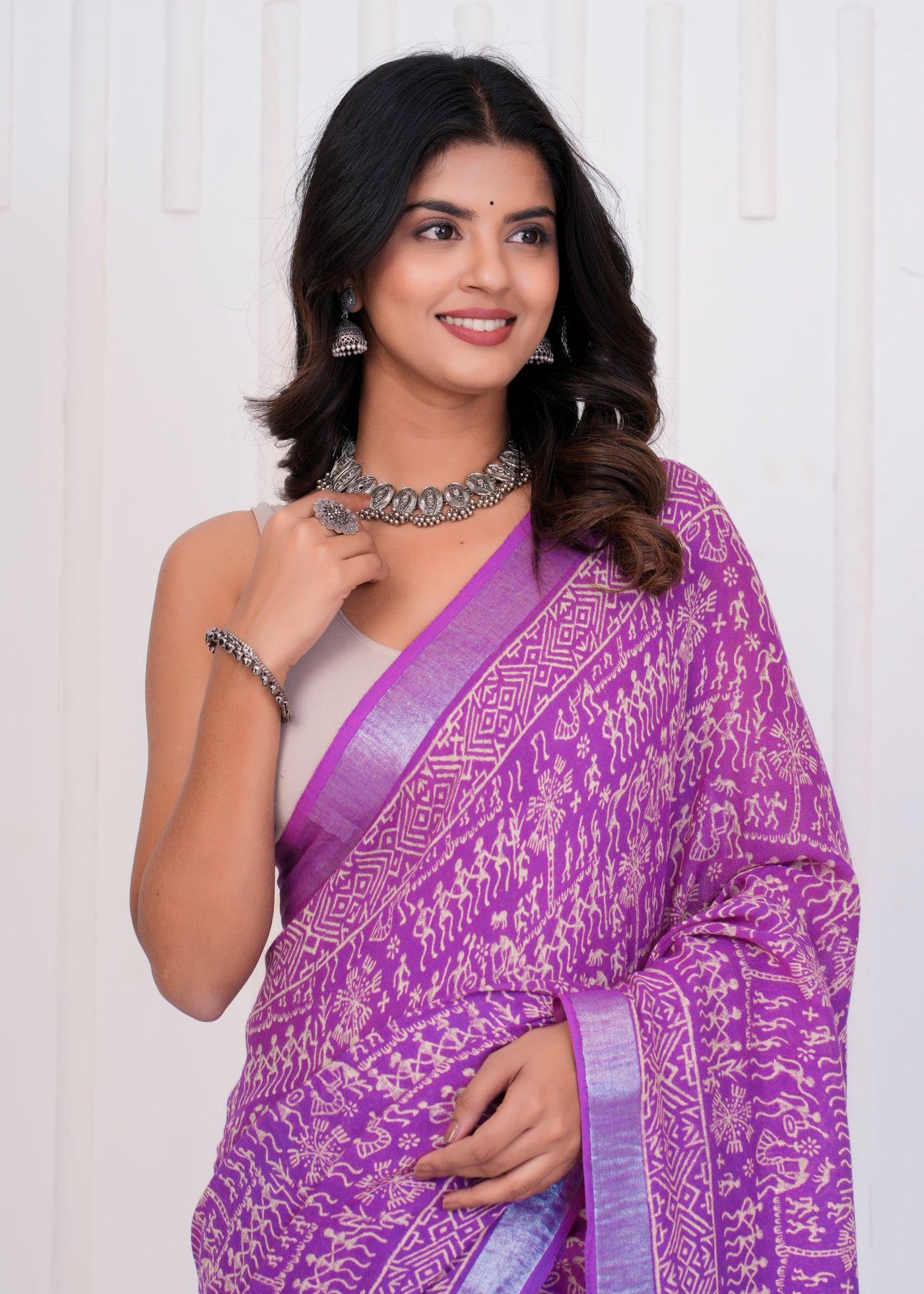 Hand Block Printed Cotton Linen Saree With Blouse ( LS0516 )