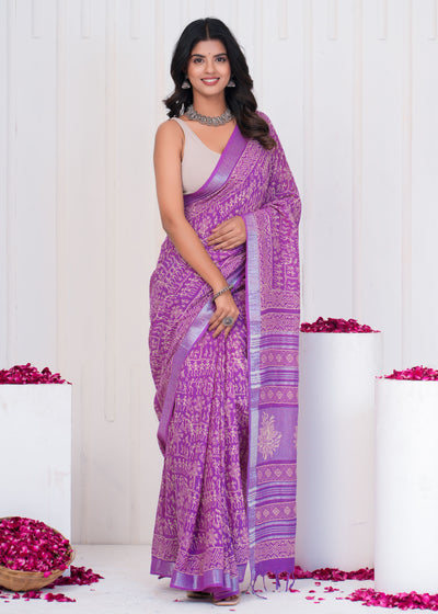 Hand Block Printed Cotton Linen Saree With Blouse ( LS0516 )