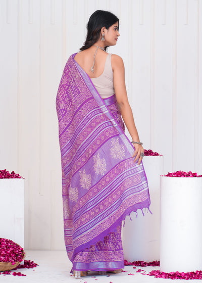 Hand Block Printed Cotton Linen Saree With Blouse ( LS0516 )