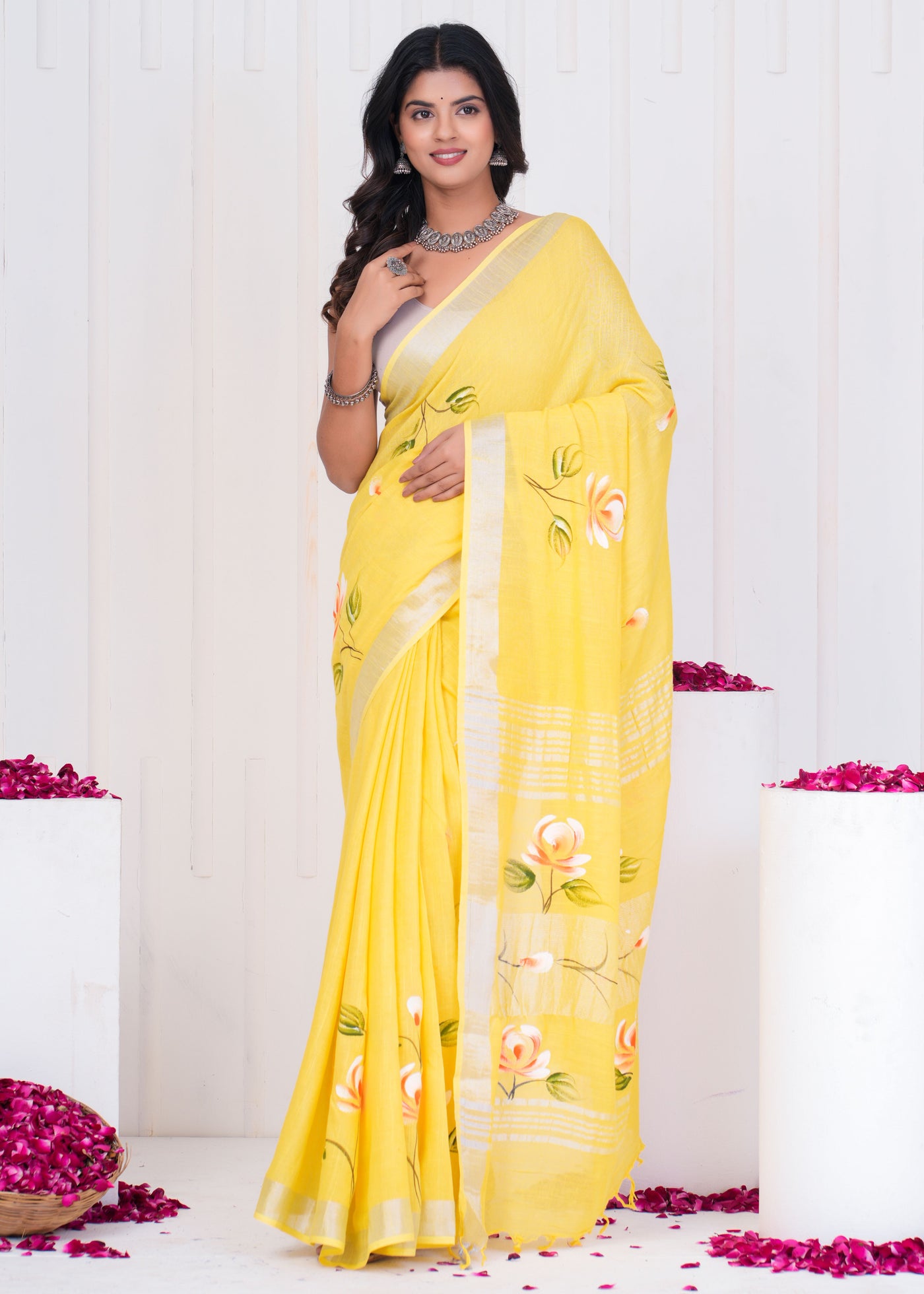 Hand Block Printed Cotton Linen Saree With Blouse ( LS0517 )