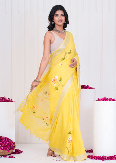 Hand Block Printed Cotton Linen Saree With Blouse ( LS0517 )