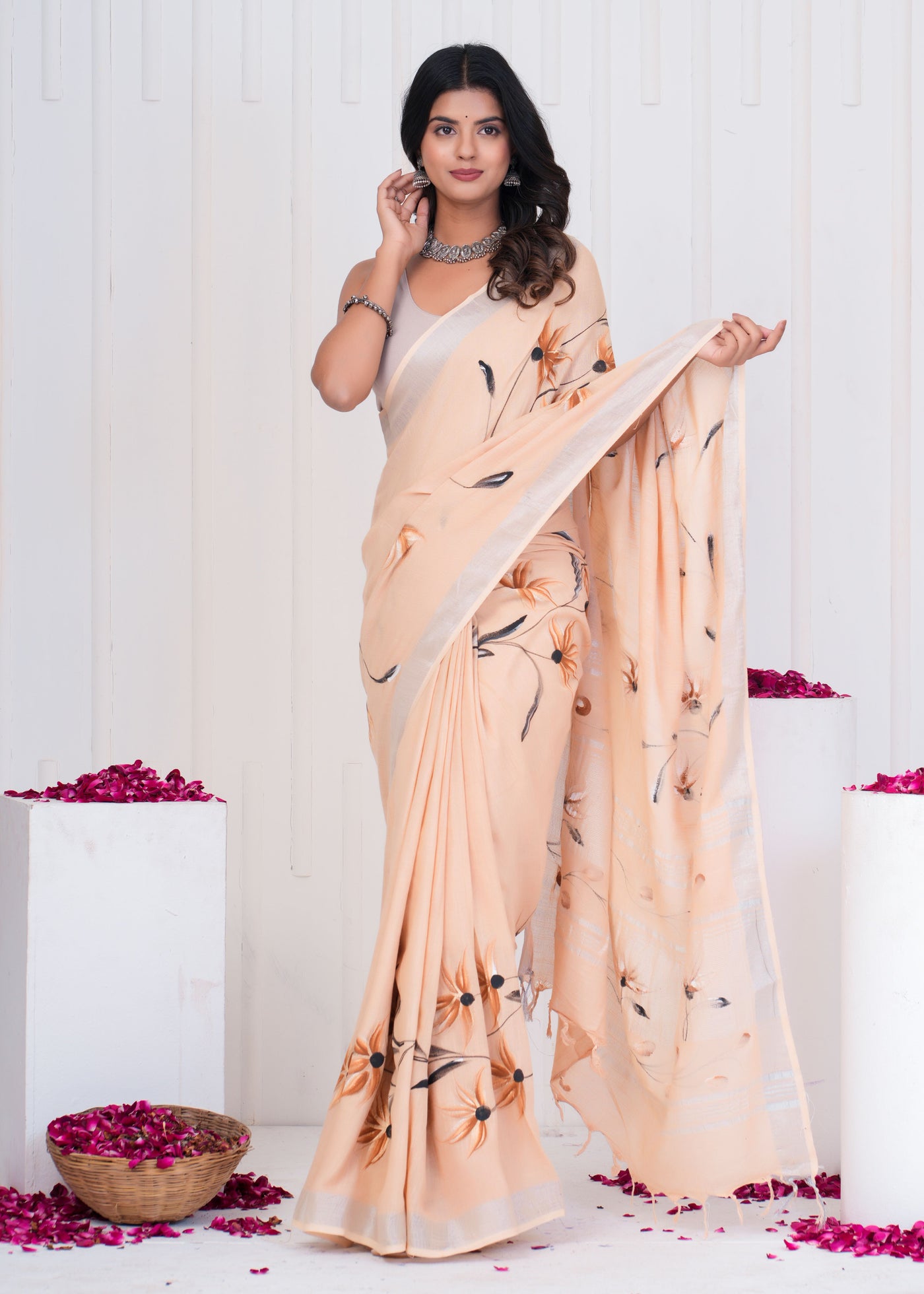 Hand Block Printed Cotton Linen Saree With Blouse ( LS0507 )