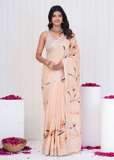 Hand Block Printed Cotton Linen Saree With Blouse ( LS0507 )