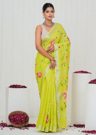 Hand Block Printed Cotton Linen Saree With Blouse ( LS0508 )