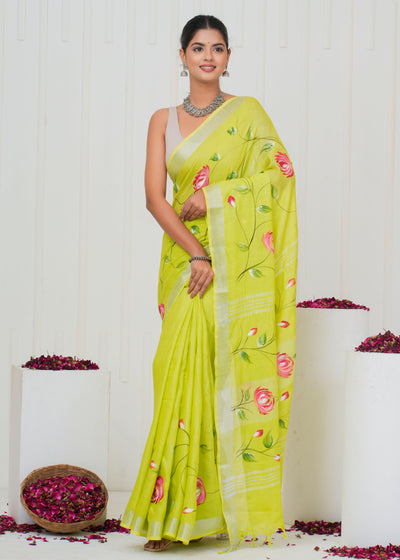 Hand Block Printed Cotton Linen Saree With Blouse ( LS0508 )