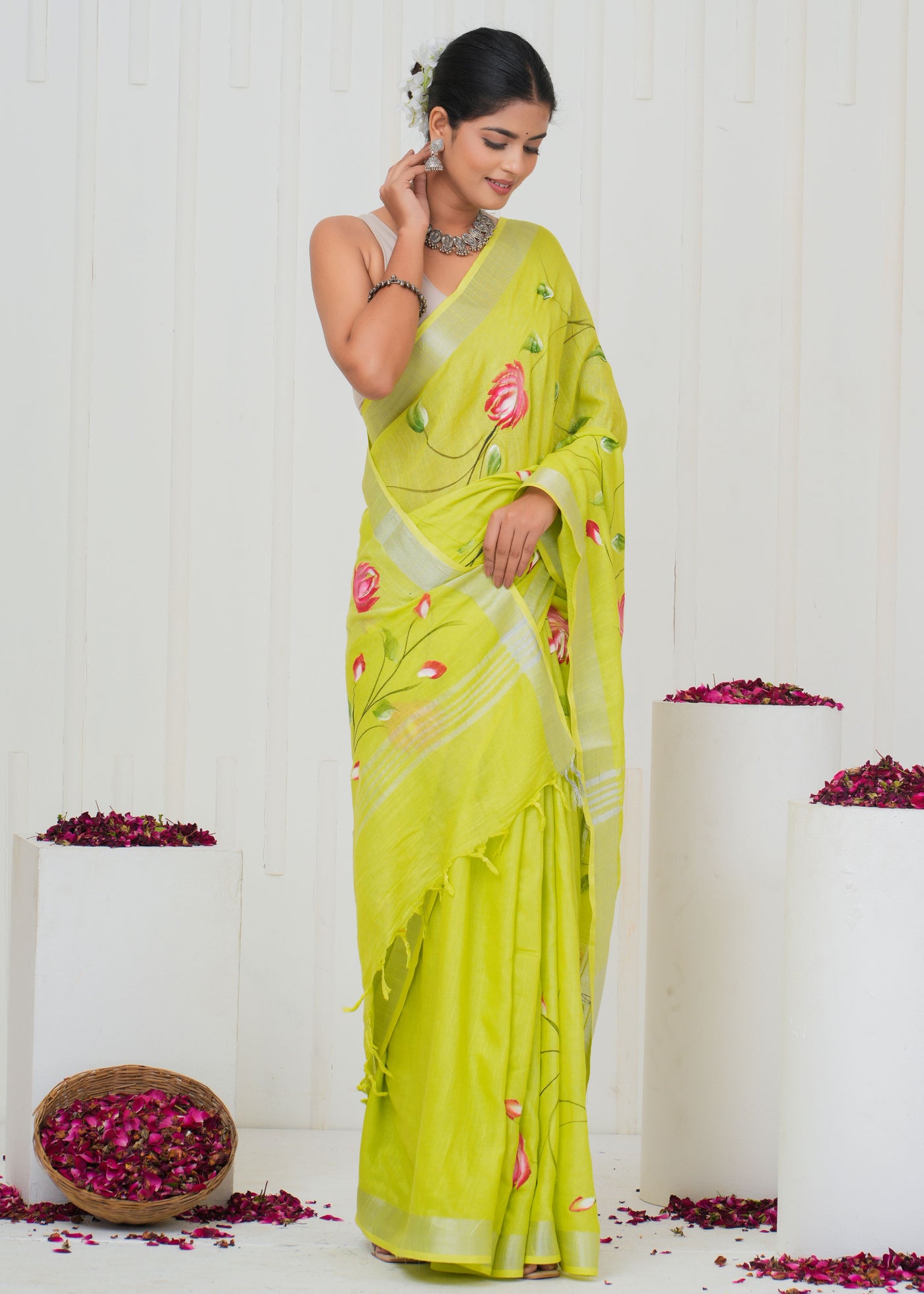 Hand Block Printed Cotton Linen Saree With Blouse ( LS0508 )