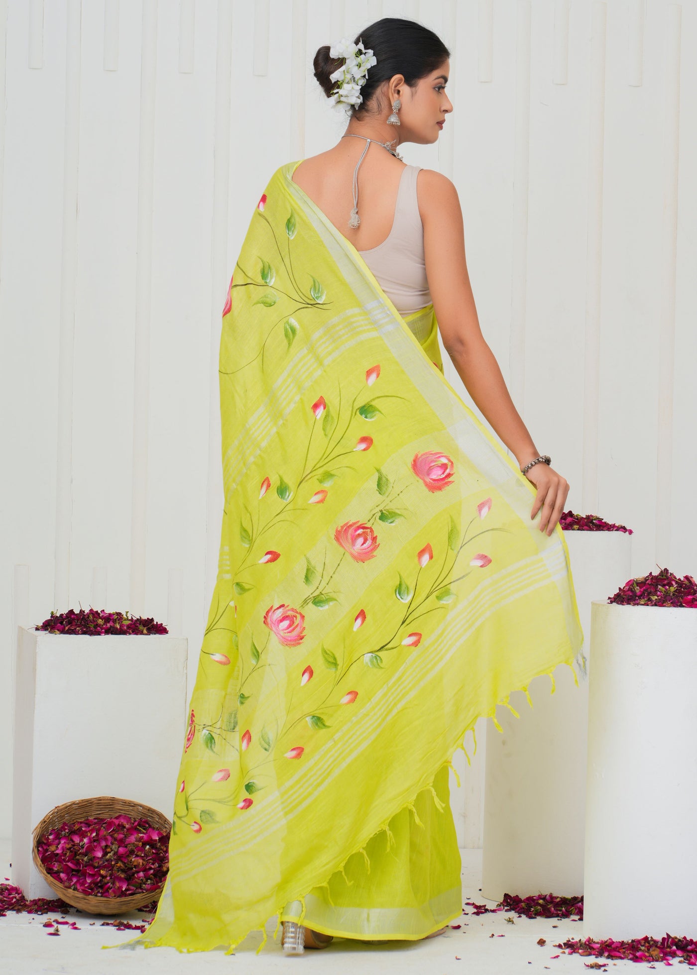 Hand Block Printed Cotton Linen Saree With Blouse ( LS0508 )