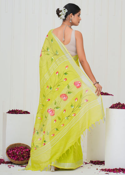 Hand Block Printed Cotton Linen Saree With Blouse ( LS0508 )