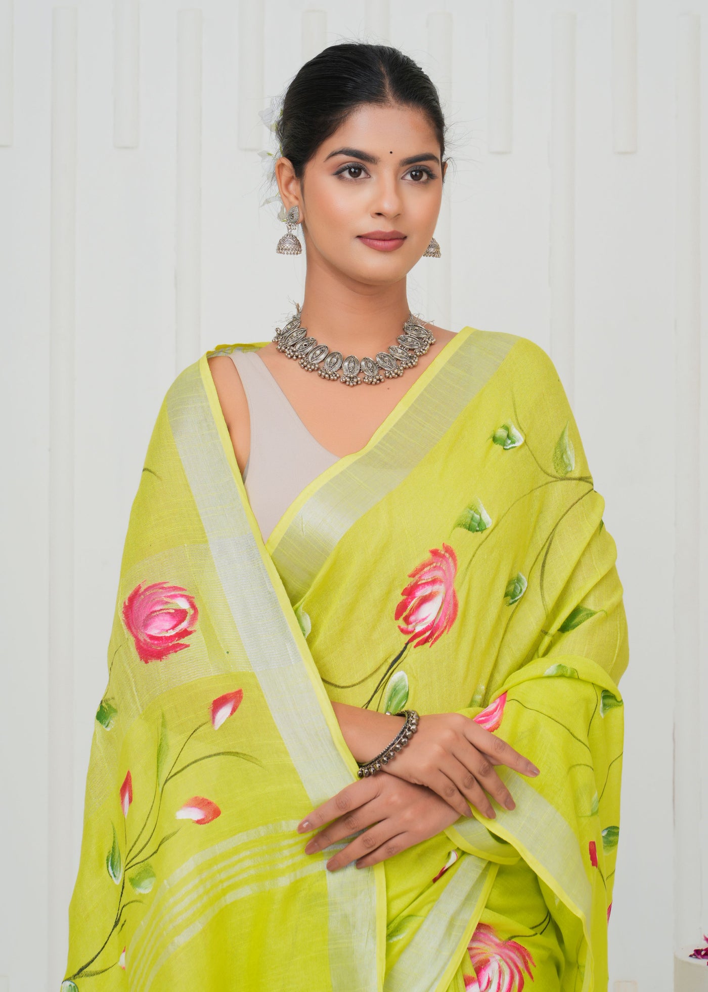 Hand Block Printed Cotton Linen Saree With Blouse ( LS0508 )