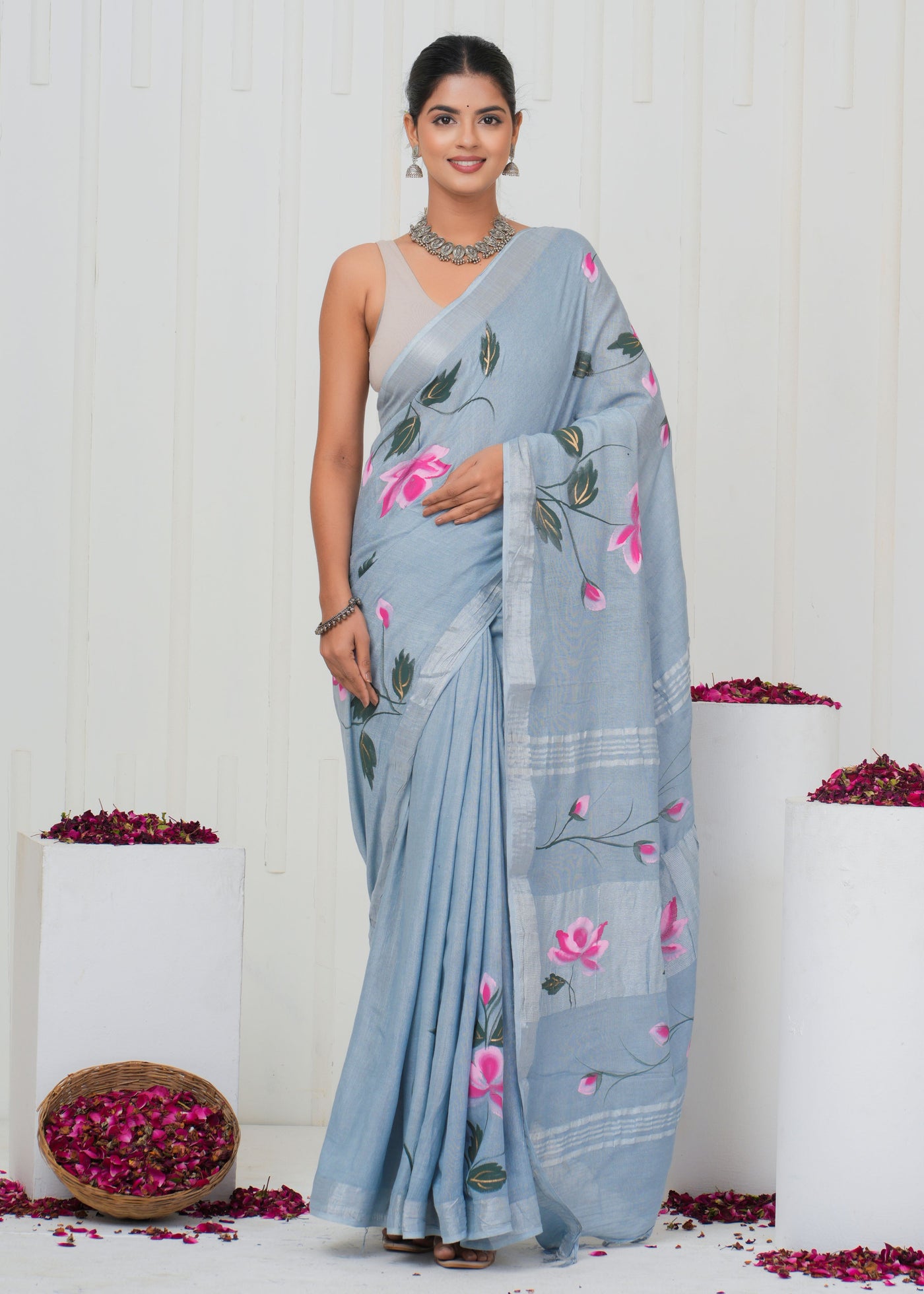 Hand Block Printed Cotton Linen Saree With Blouse ( LS0509 )