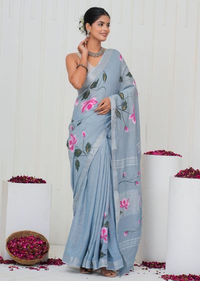 Hand Block Printed Cotton Linen Saree With Blouse ( LS0509 )