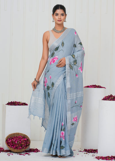 Hand Block Printed Cotton Linen Saree With Blouse ( LS0509 )