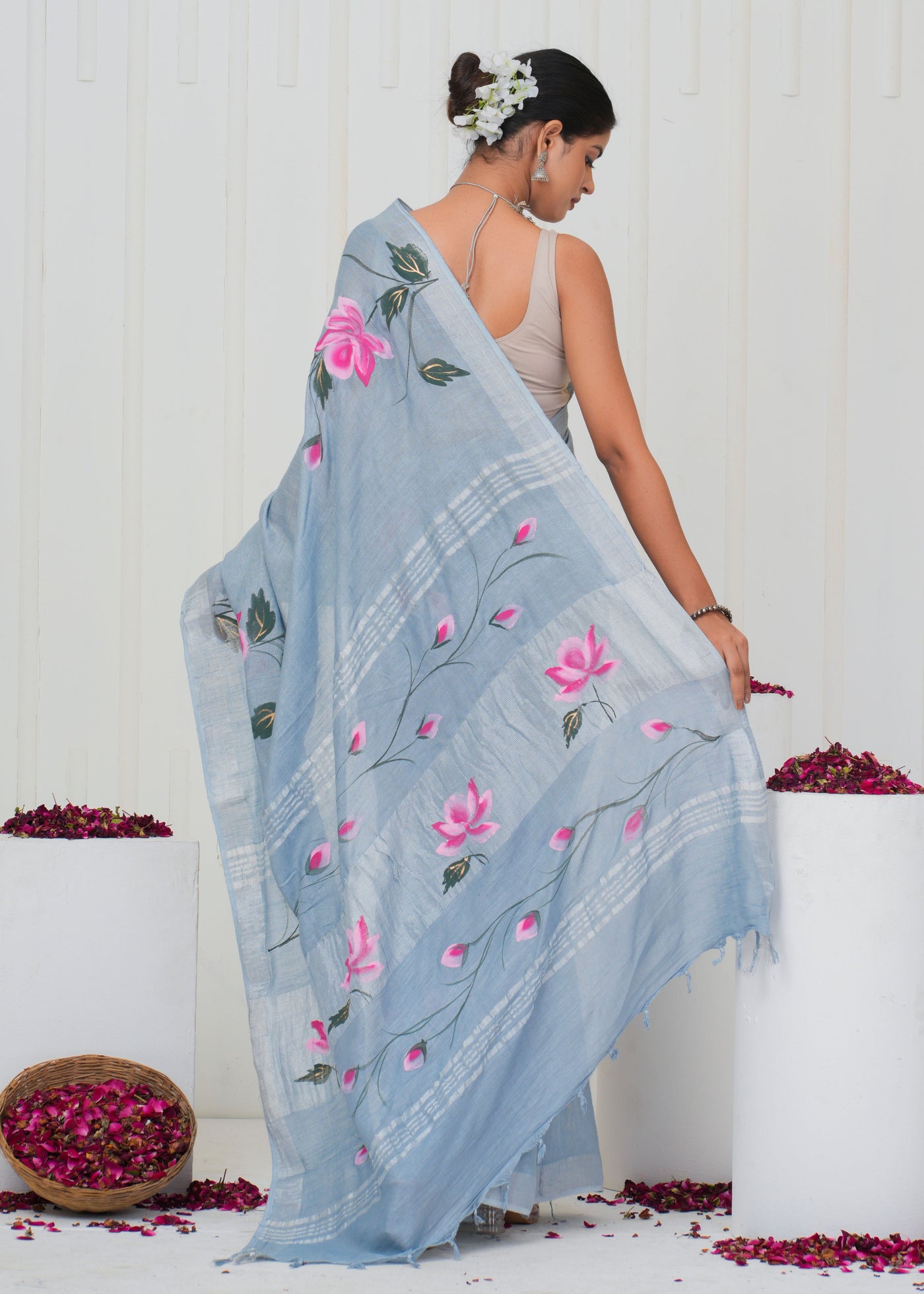 Hand Block Printed Cotton Linen Saree With Blouse ( LS0509 )