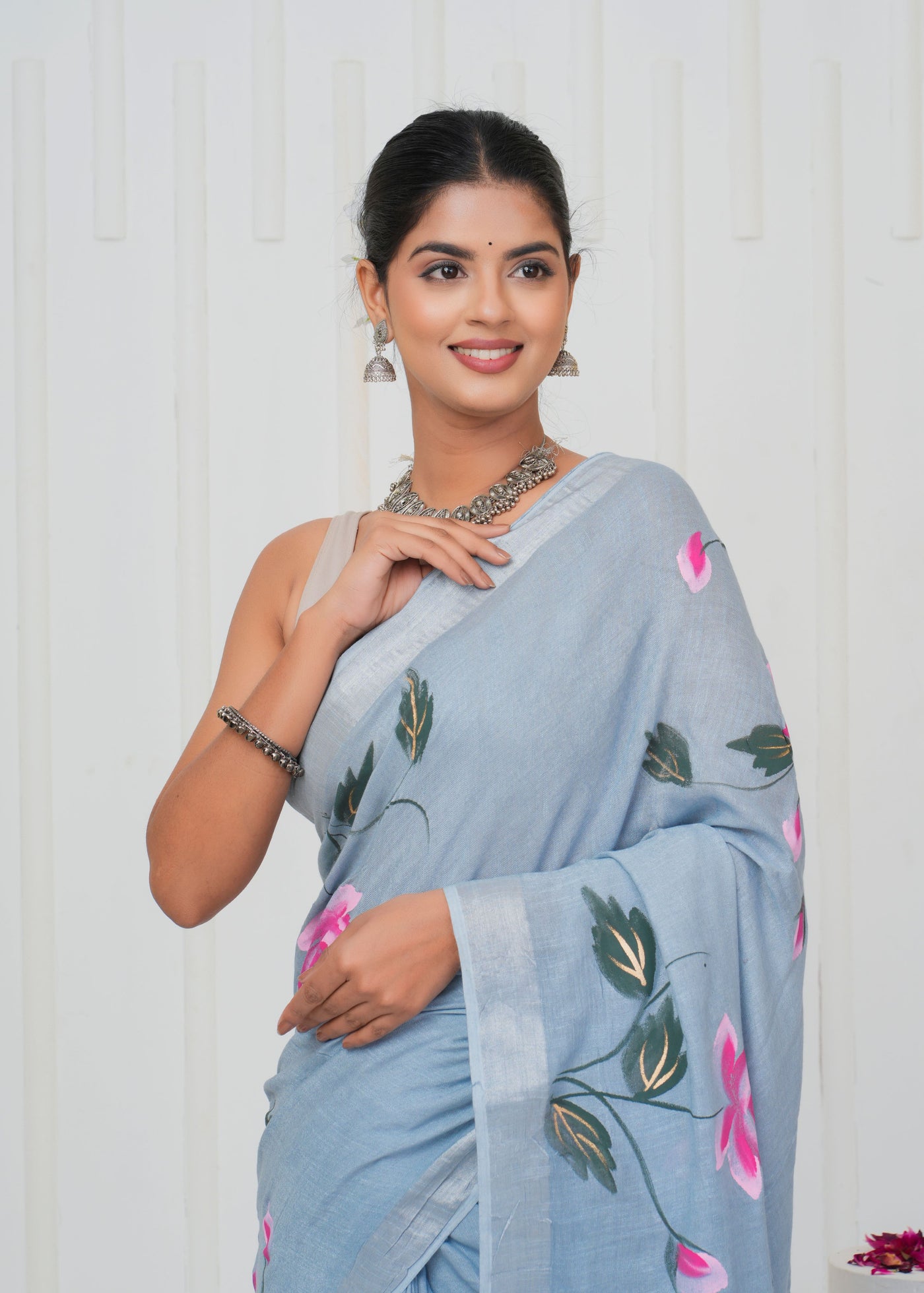 Hand Block Printed Cotton Linen Saree With Blouse ( LS0509 )