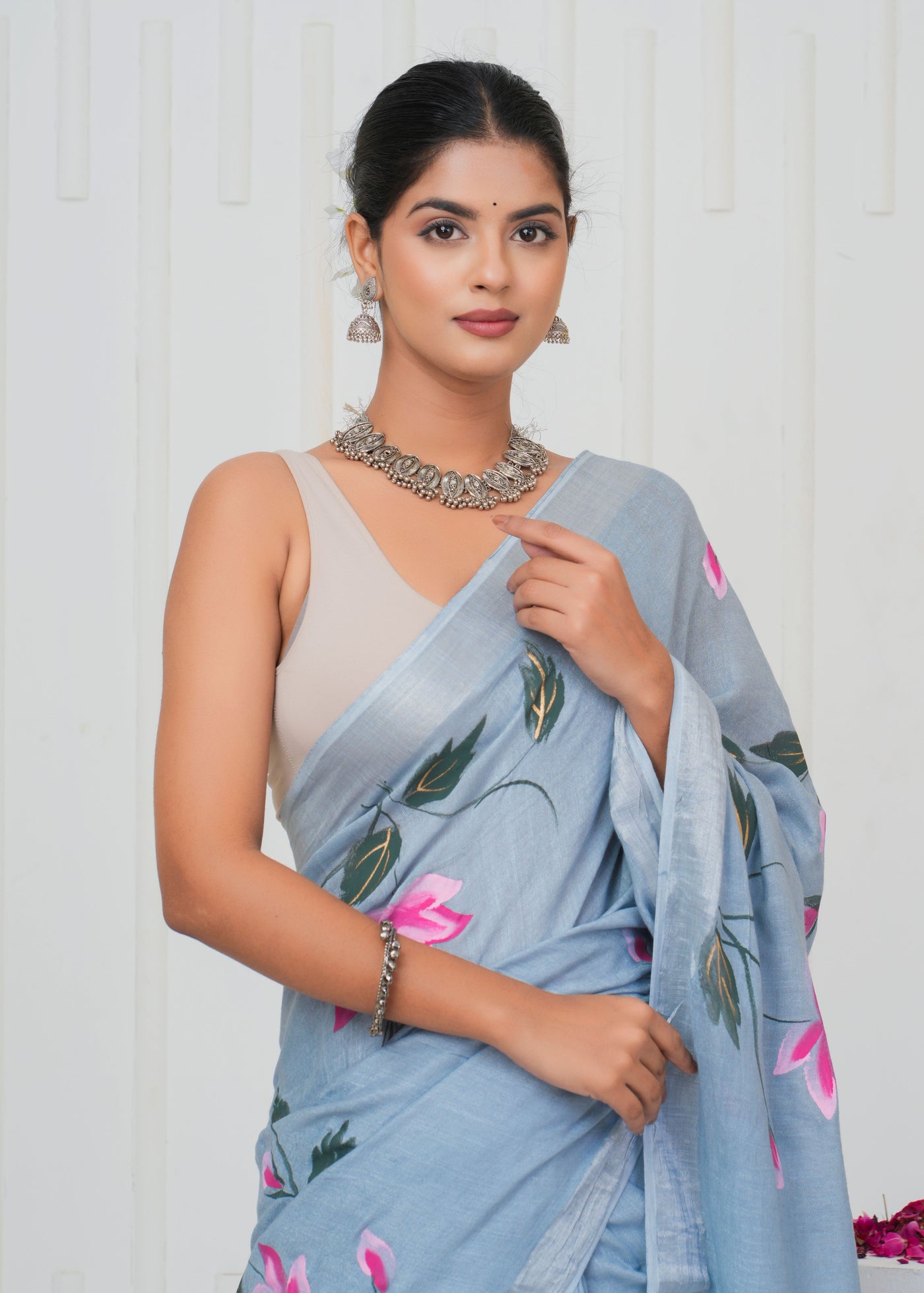 Hand Block Printed Cotton Linen Saree With Blouse ( LS0509 )