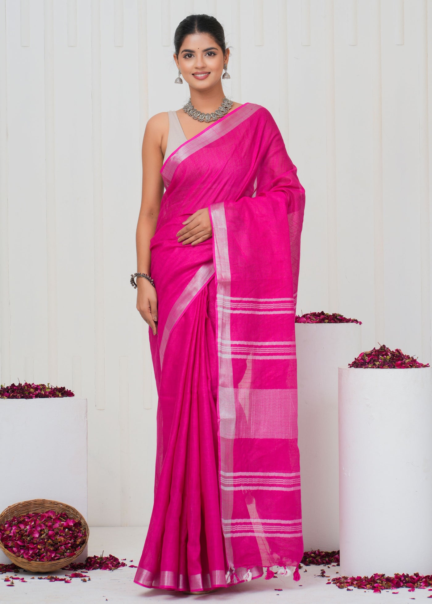 Plain Cotton Linen Saree With Blouse ( LS0527 )