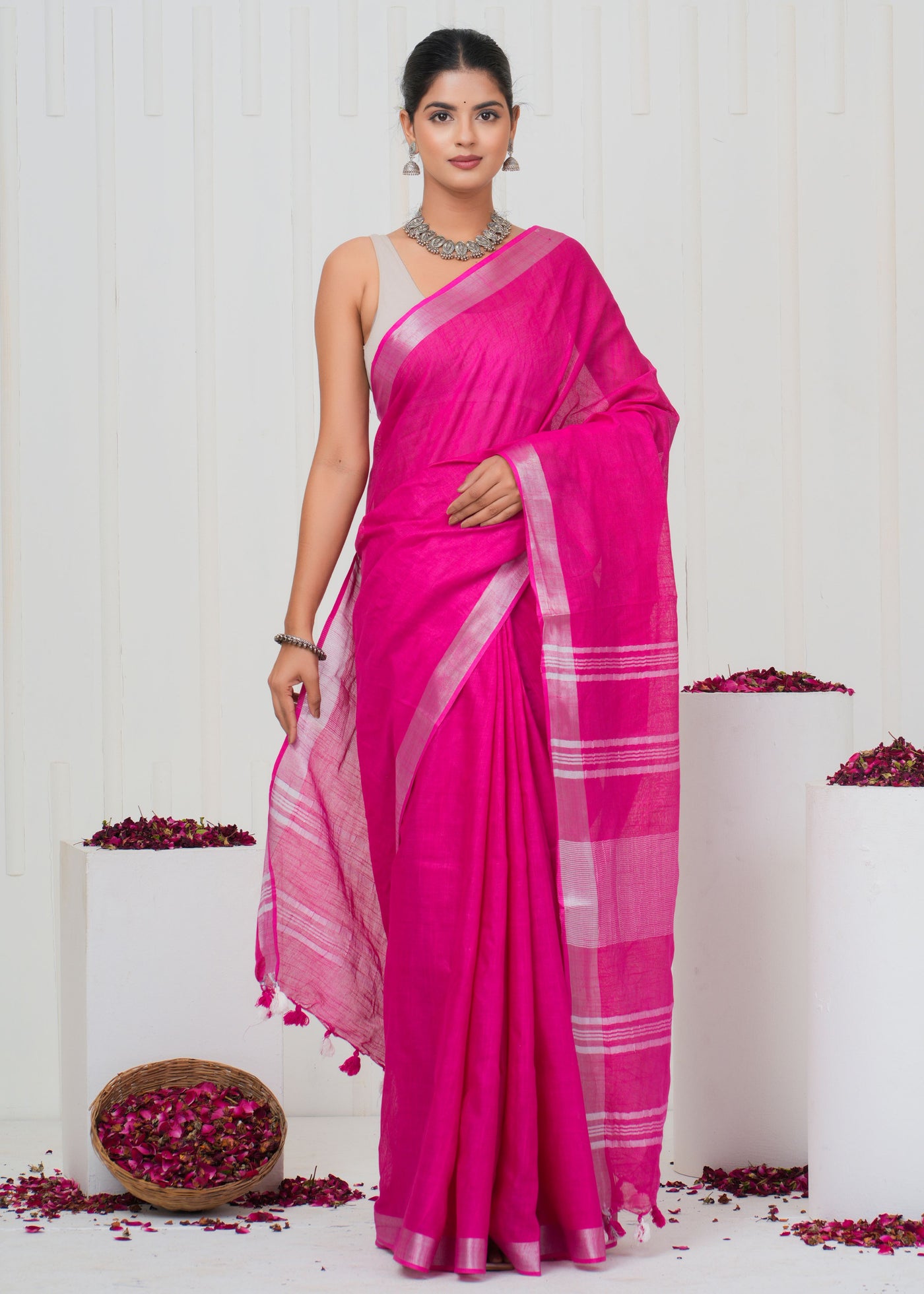 Plain Cotton Linen Saree With Blouse ( LS0527 )