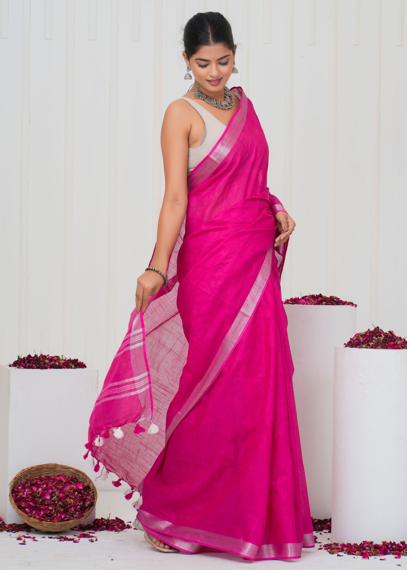 Plain Cotton Linen Saree With Blouse ( LS0527 )