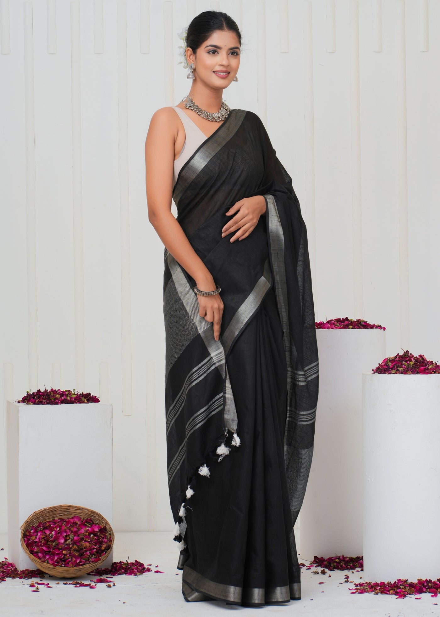 Plain Cotton Linen Saree With Blouse ( LS0528 )