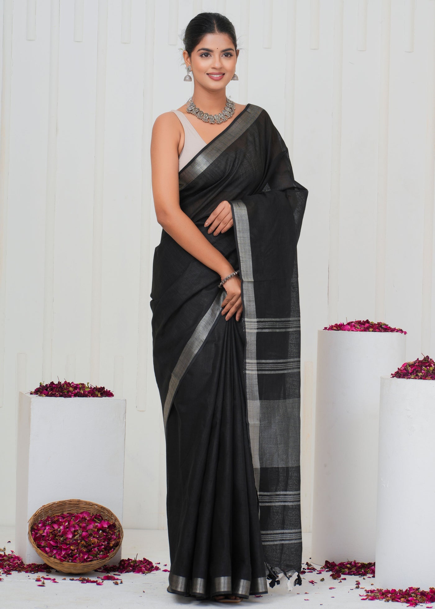 Plain Cotton Linen Saree With Blouse ( LS0528 )