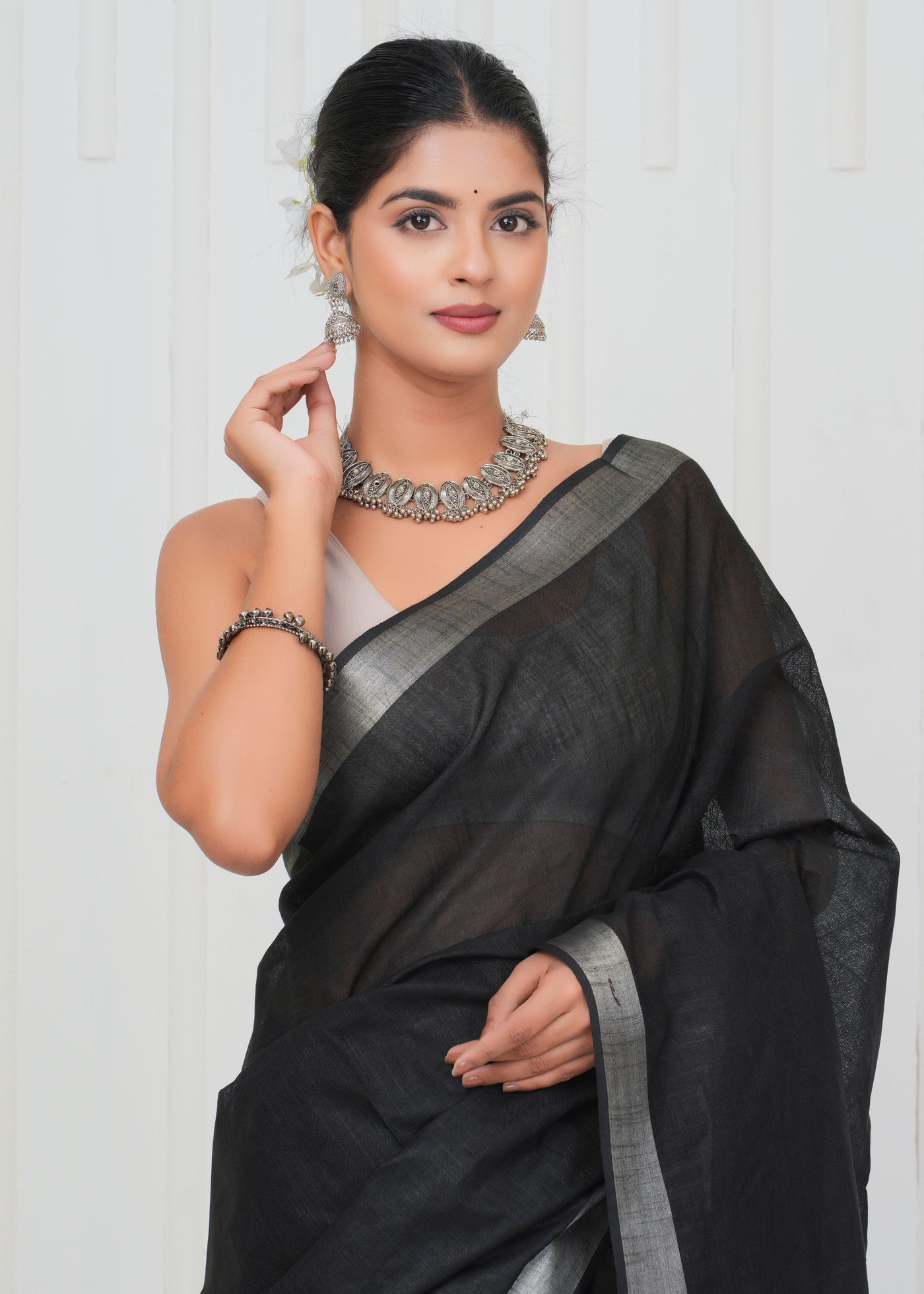 Plain Cotton Linen Saree With Blouse ( LS0528 )