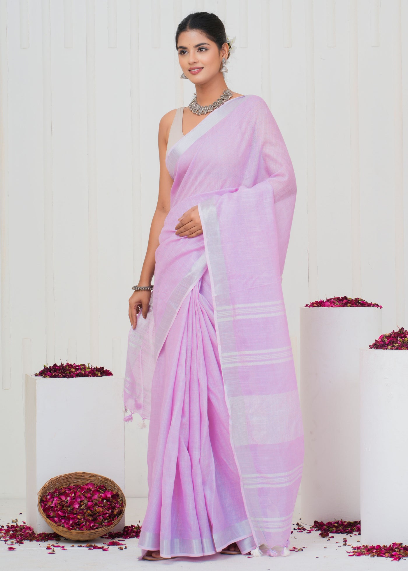 Plain Cotton Linen Saree With Blouse ( LS0529 )