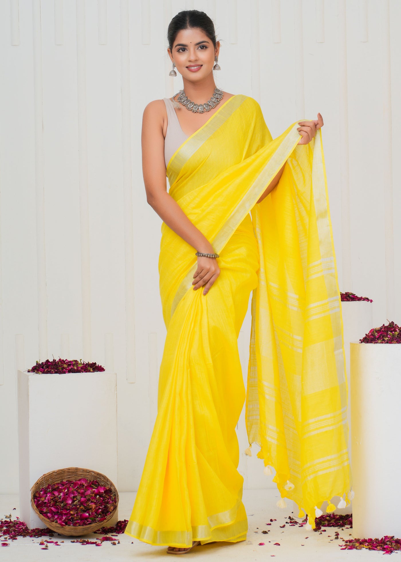 Plain Cotton Linen Saree With Blouse ( LS0530 )