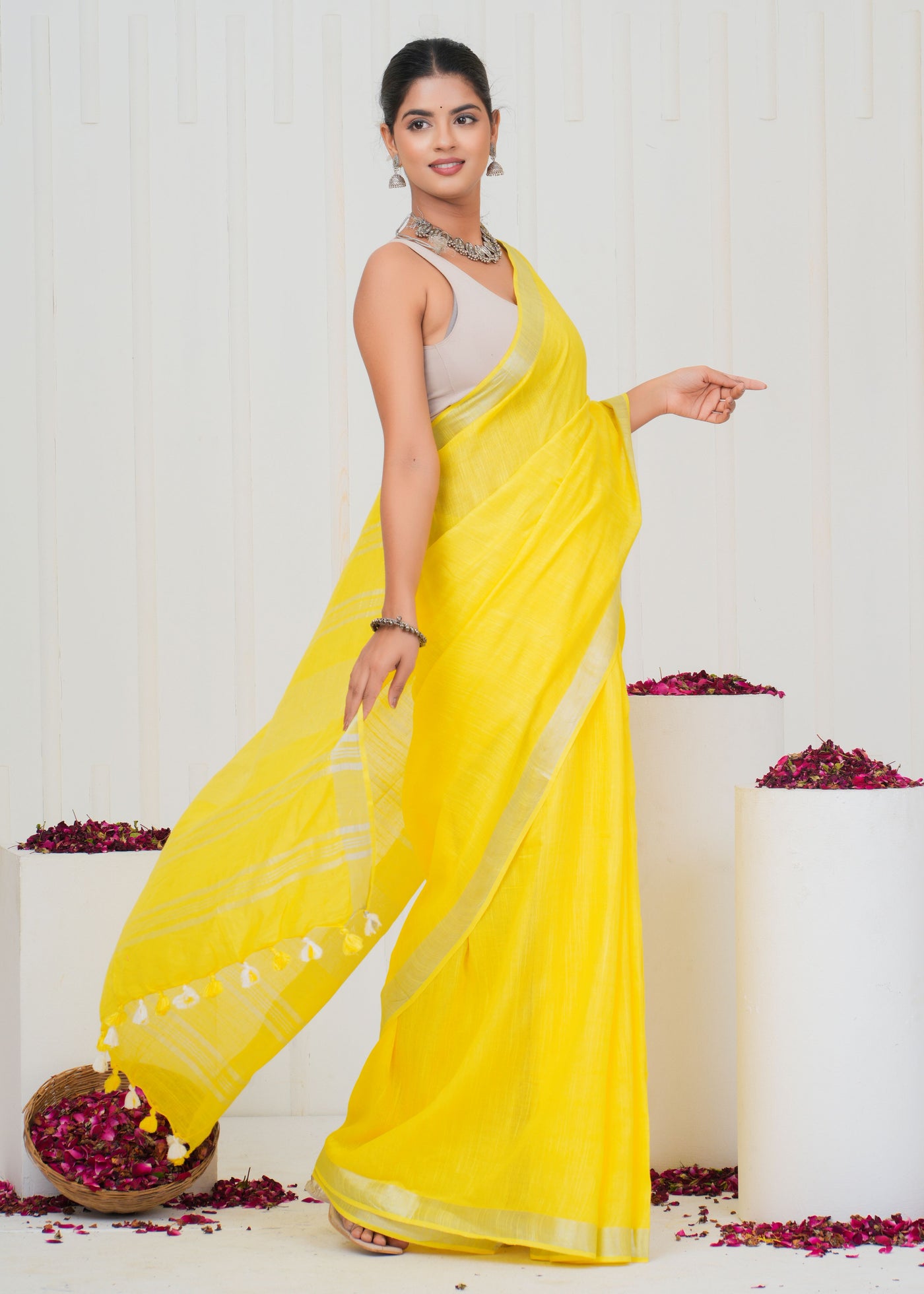 Plain Cotton Linen Saree With Blouse ( LS0530 )