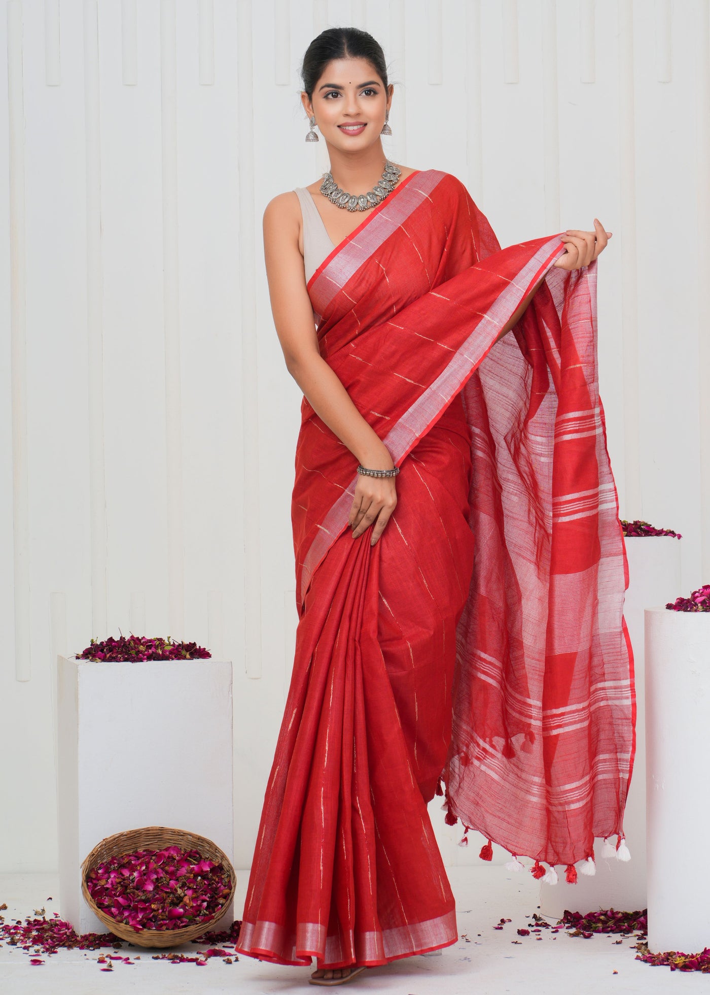 Plain Cotton Linen Saree With Blouse ( LS0531 )