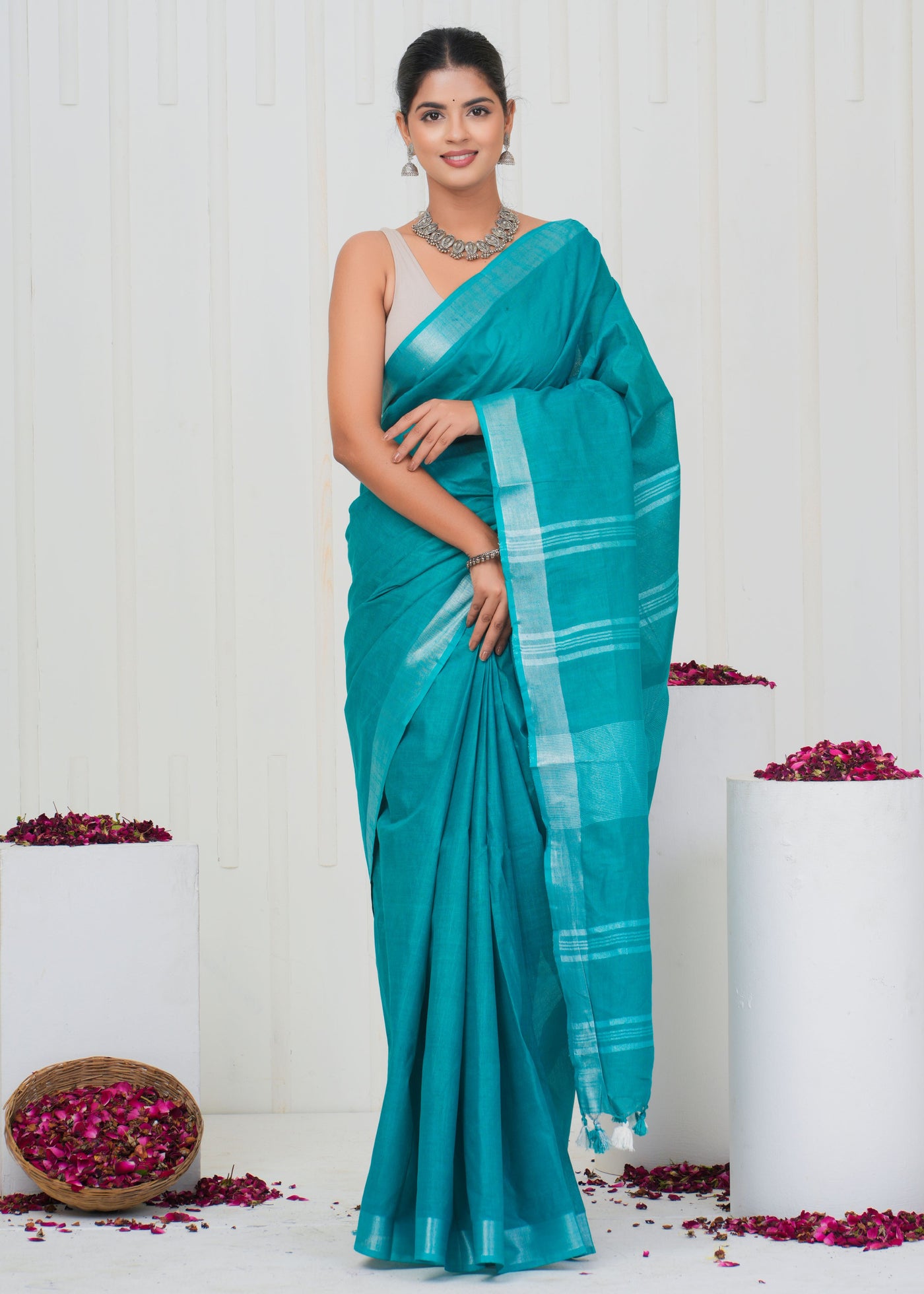 Plain Cotton Linen Saree With Blouse ( LS0522 )