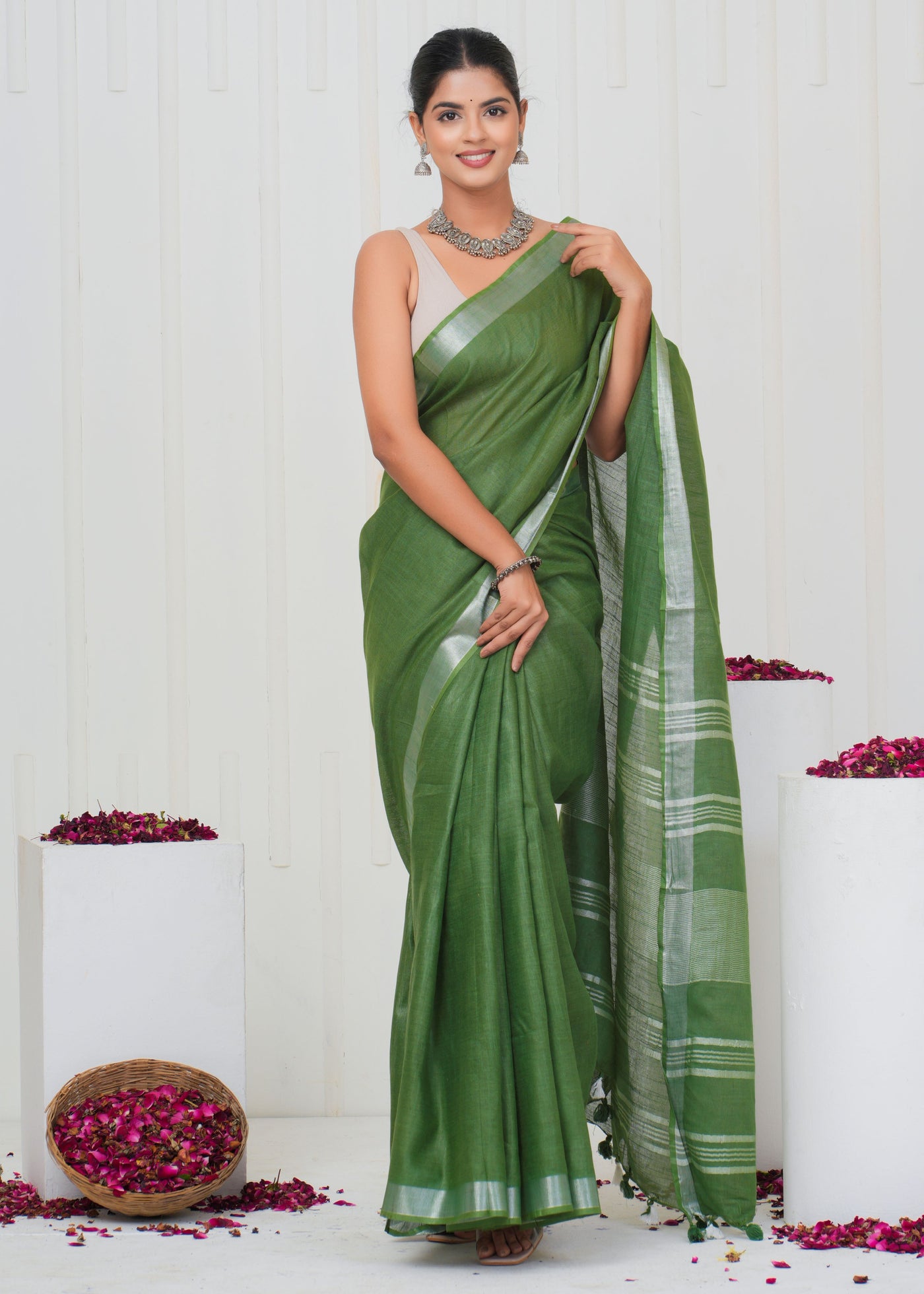 Plain Cotton Linen Saree With Blouse ( LS0523 )