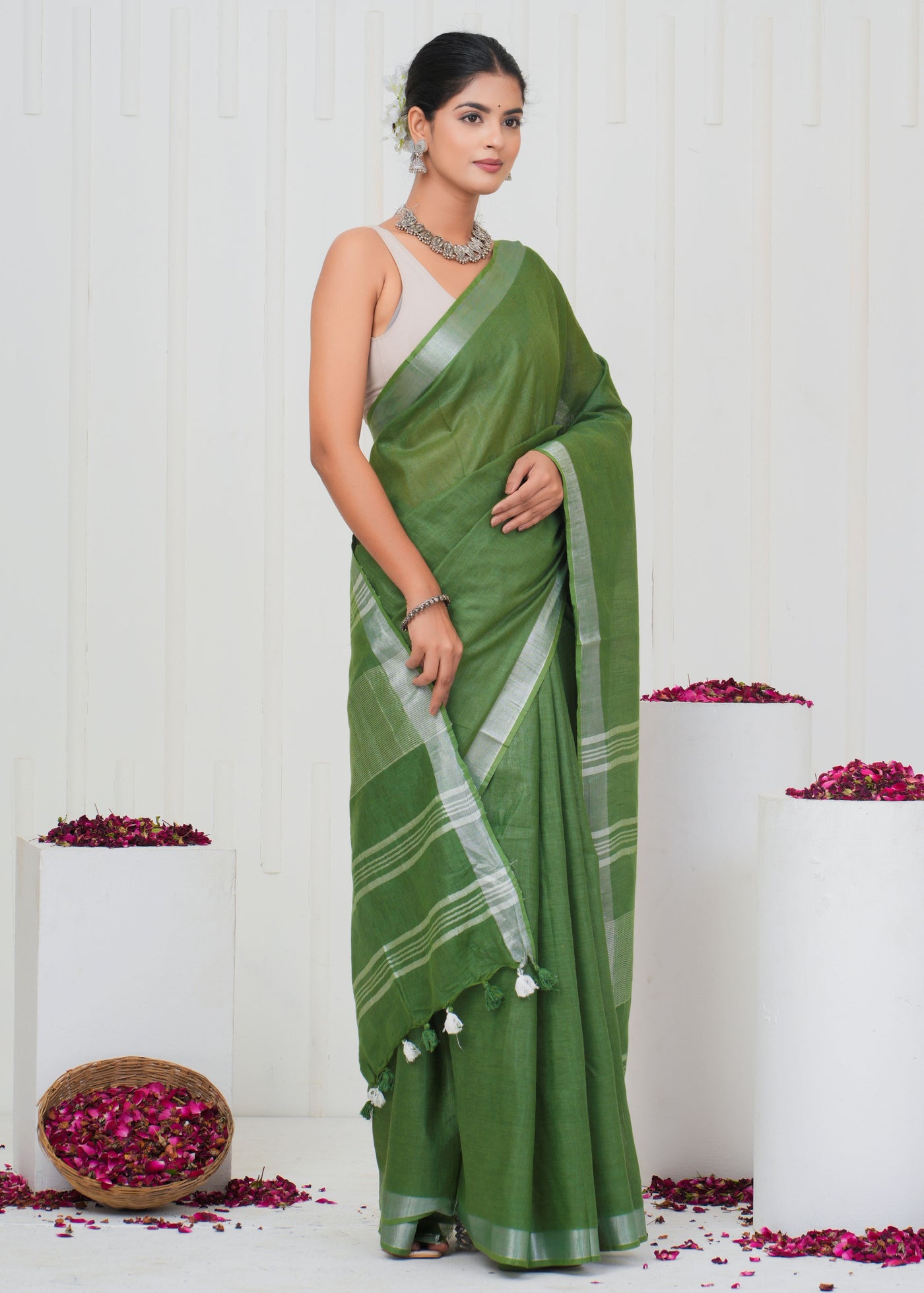 Plain Cotton Linen Saree With Blouse ( LS0523 )