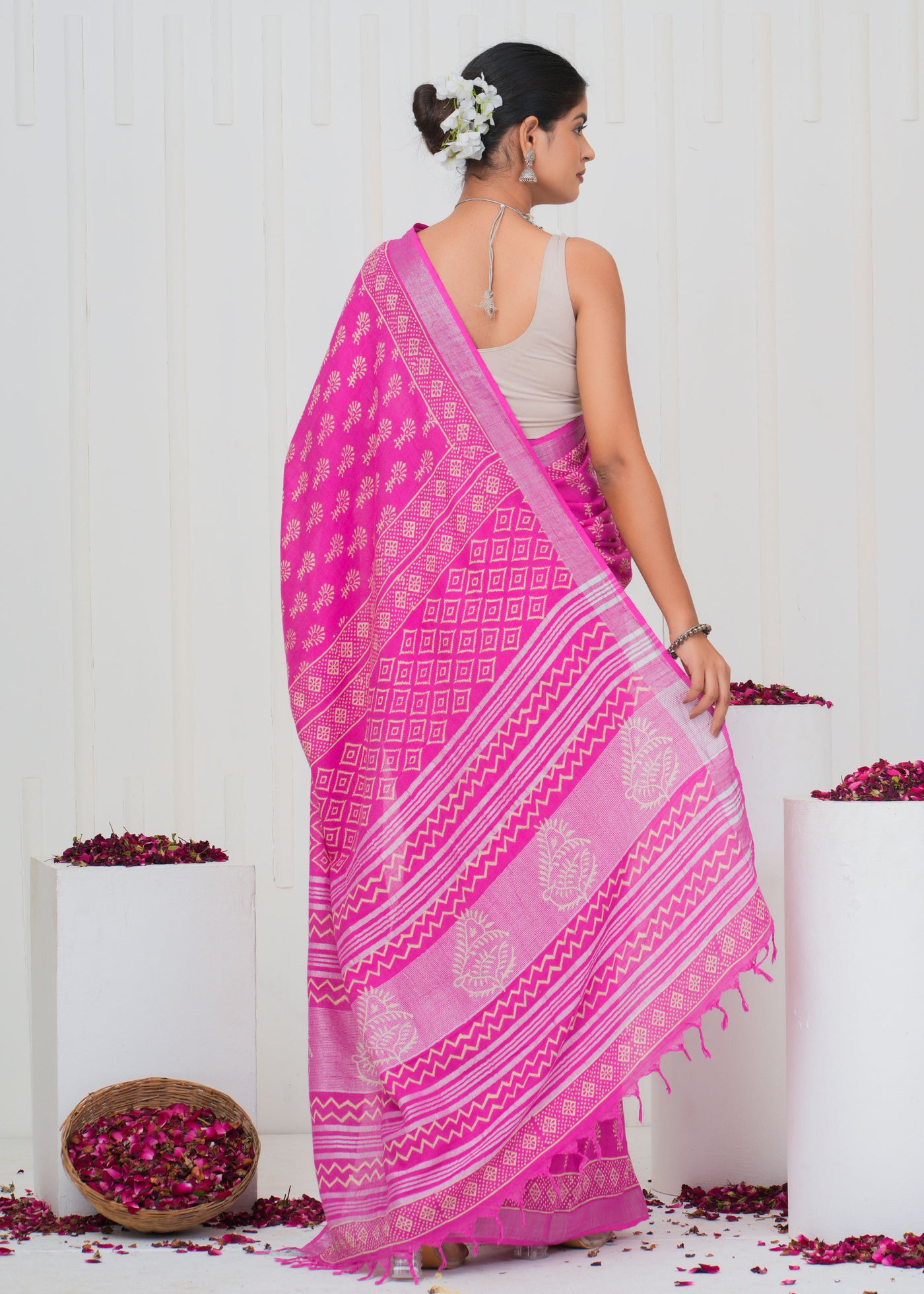 Hand Block Printed Cotton Linen Saree With Blouse ( LS0510 )