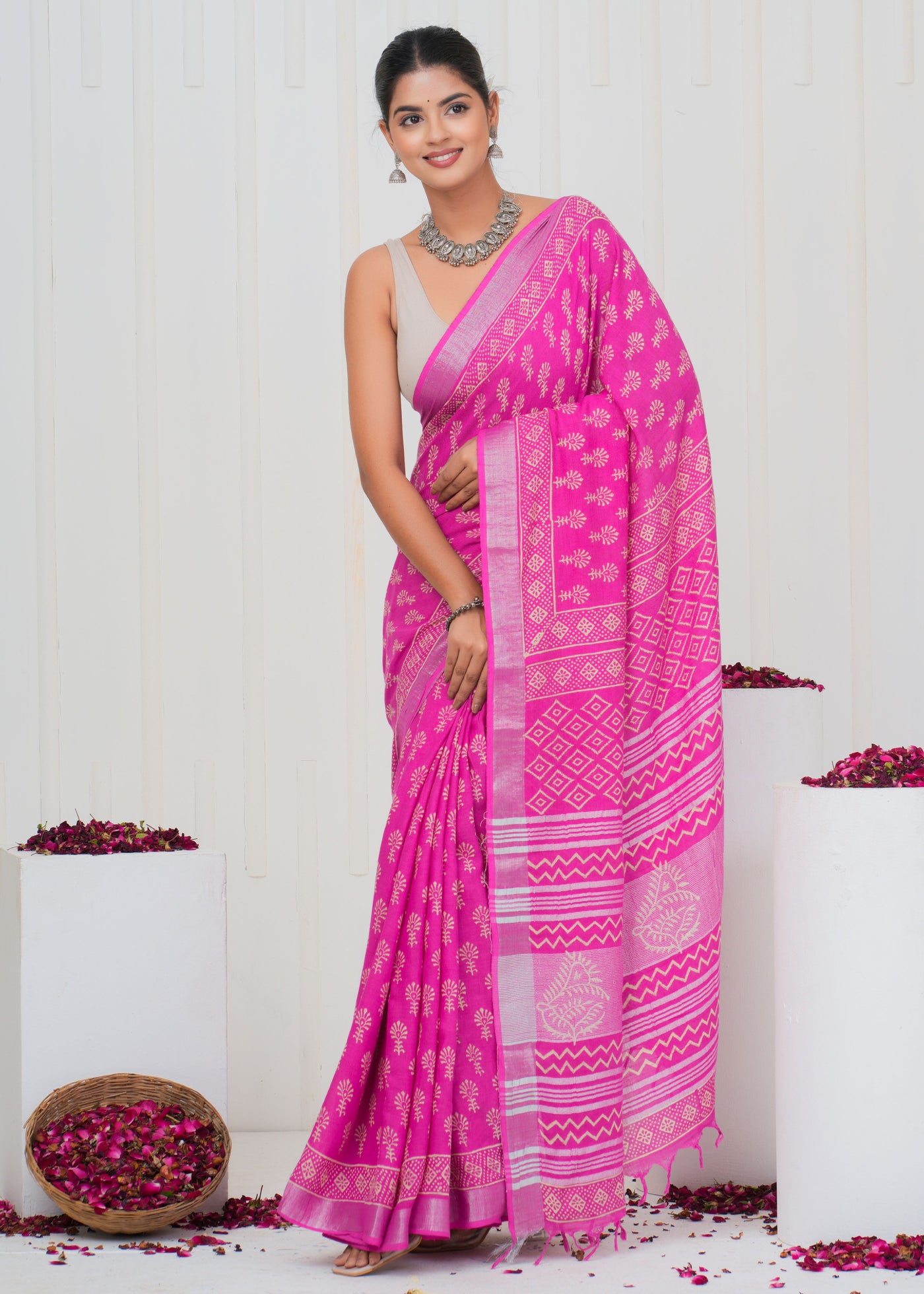 Hand Block Printed Cotton Linen Saree With Blouse ( LS0510 )