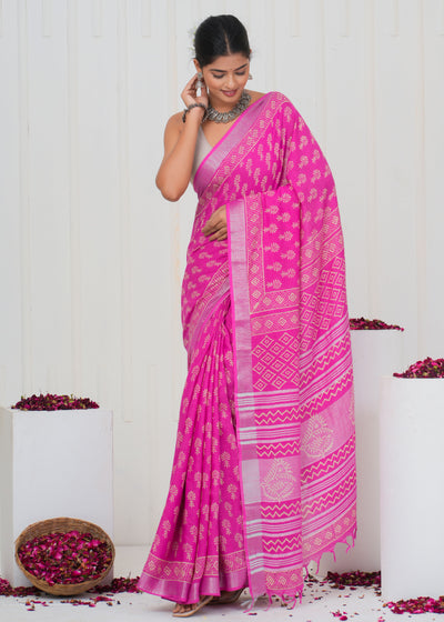 Hand Block Printed Cotton Linen Saree With Blouse ( LS0510 )