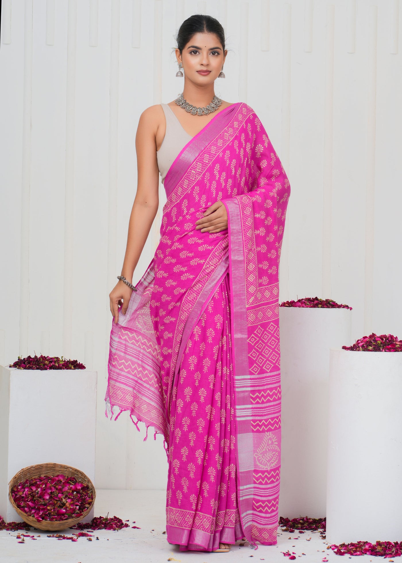 Hand Block Printed Cotton Linen Saree With Blouse ( LS0510 )