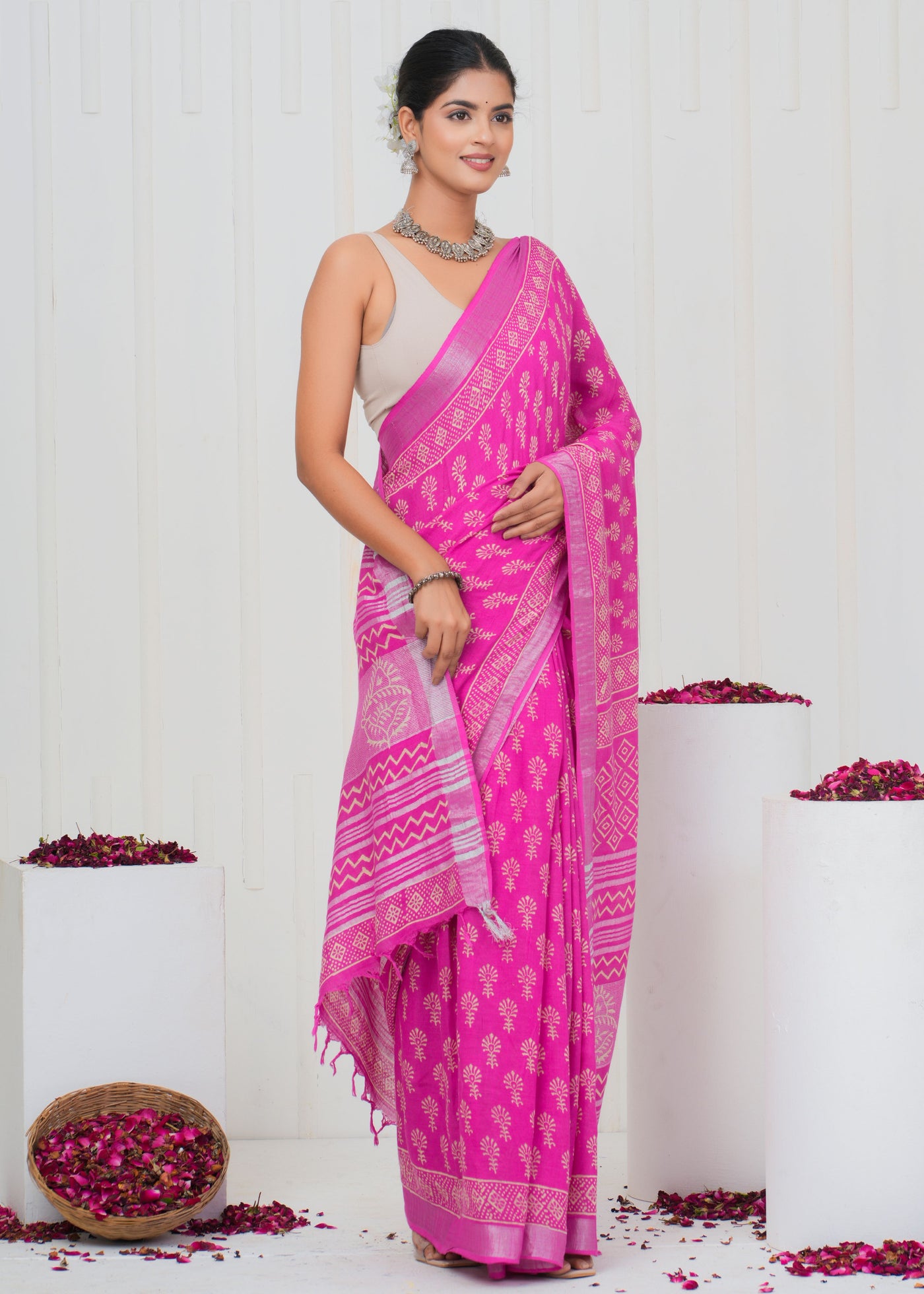 Hand Block Printed Cotton Linen Saree With Blouse ( LS0510 )