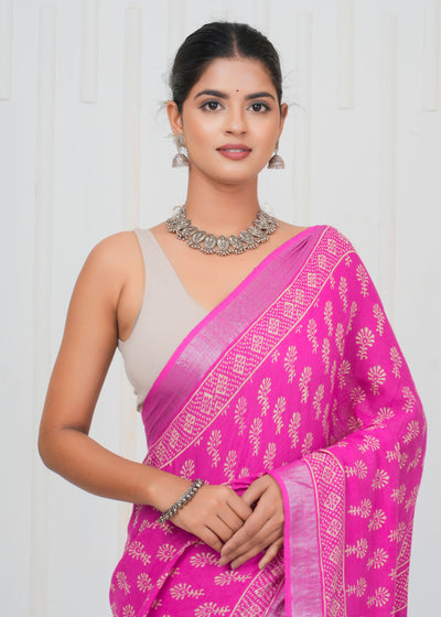 Hand Block Printed Cotton Linen Saree With Blouse ( LS0510 )