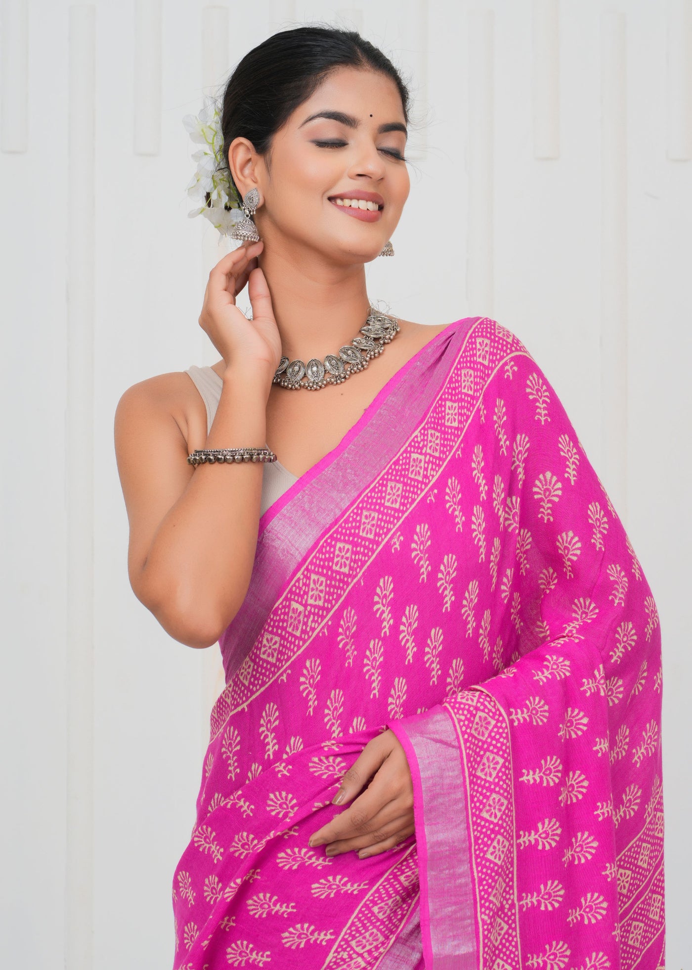 Hand Block Printed Cotton Linen Saree With Blouse ( LS0510 )