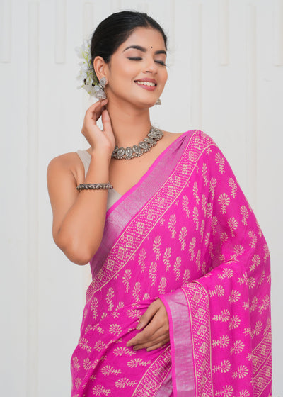 Hand Block Printed Cotton Linen Saree With Blouse ( LS0510 )