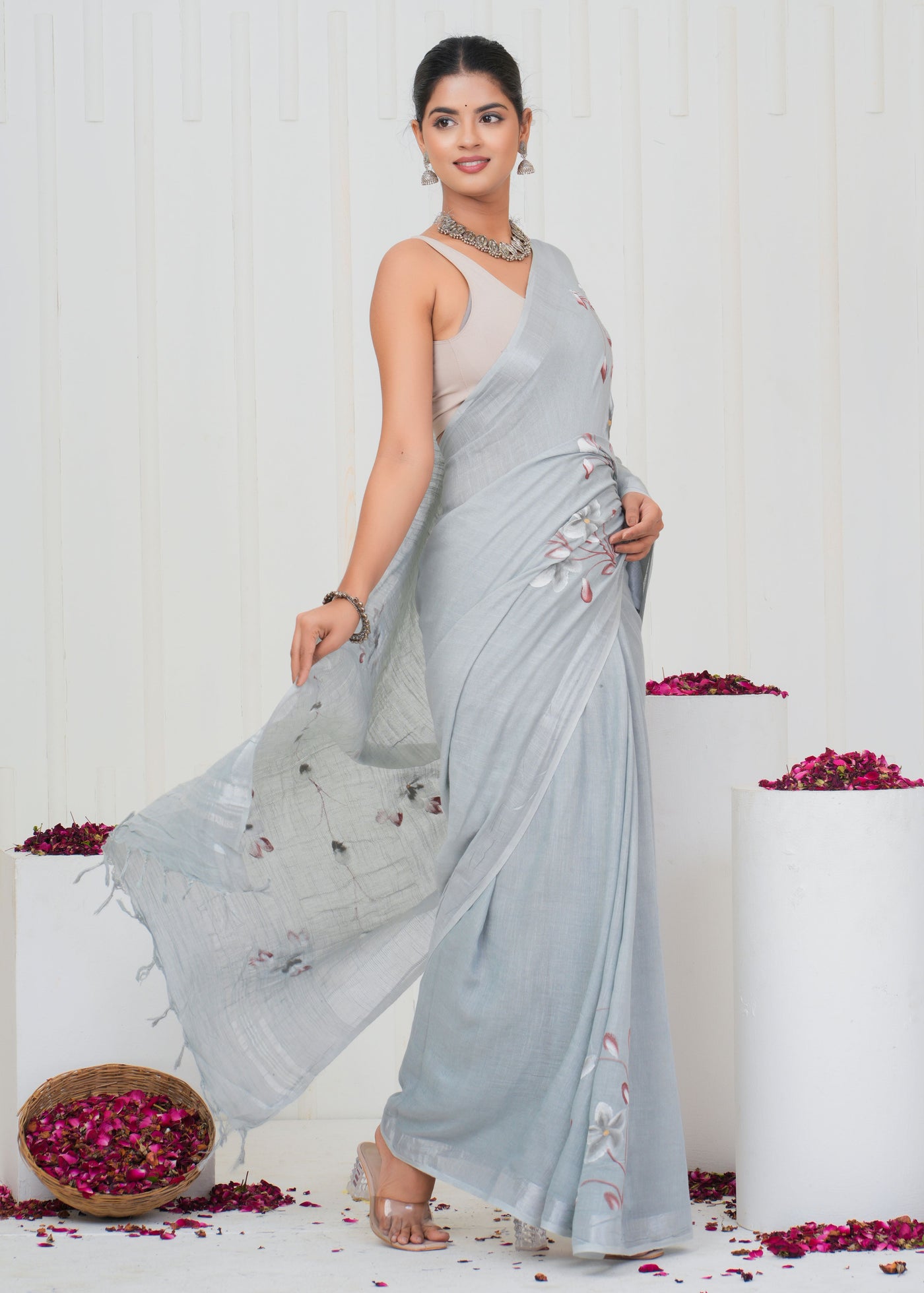 Hand Block Printed Cotton Linen Saree With Blouse ( LS0513 )