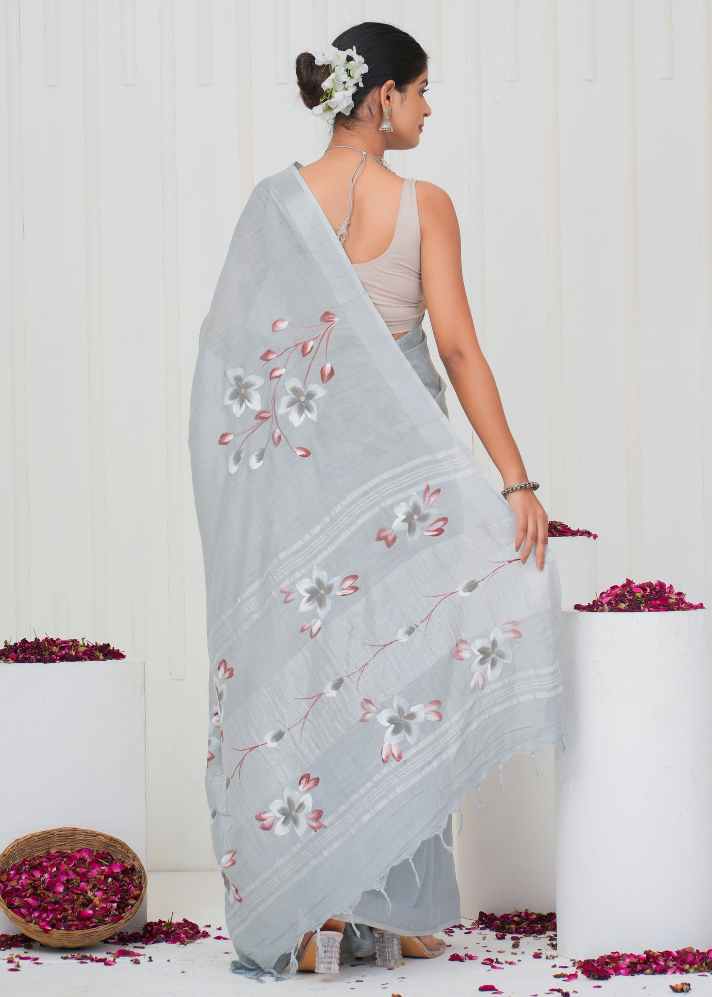 Hand Block Printed Cotton Linen Saree With Blouse ( LS0513 )