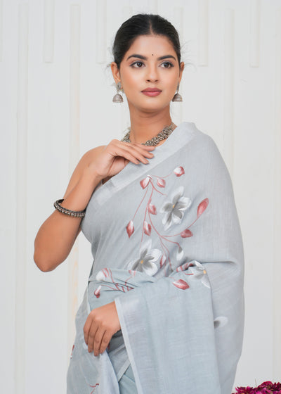 Hand Block Printed Cotton Linen Saree With Blouse ( LS0513 )