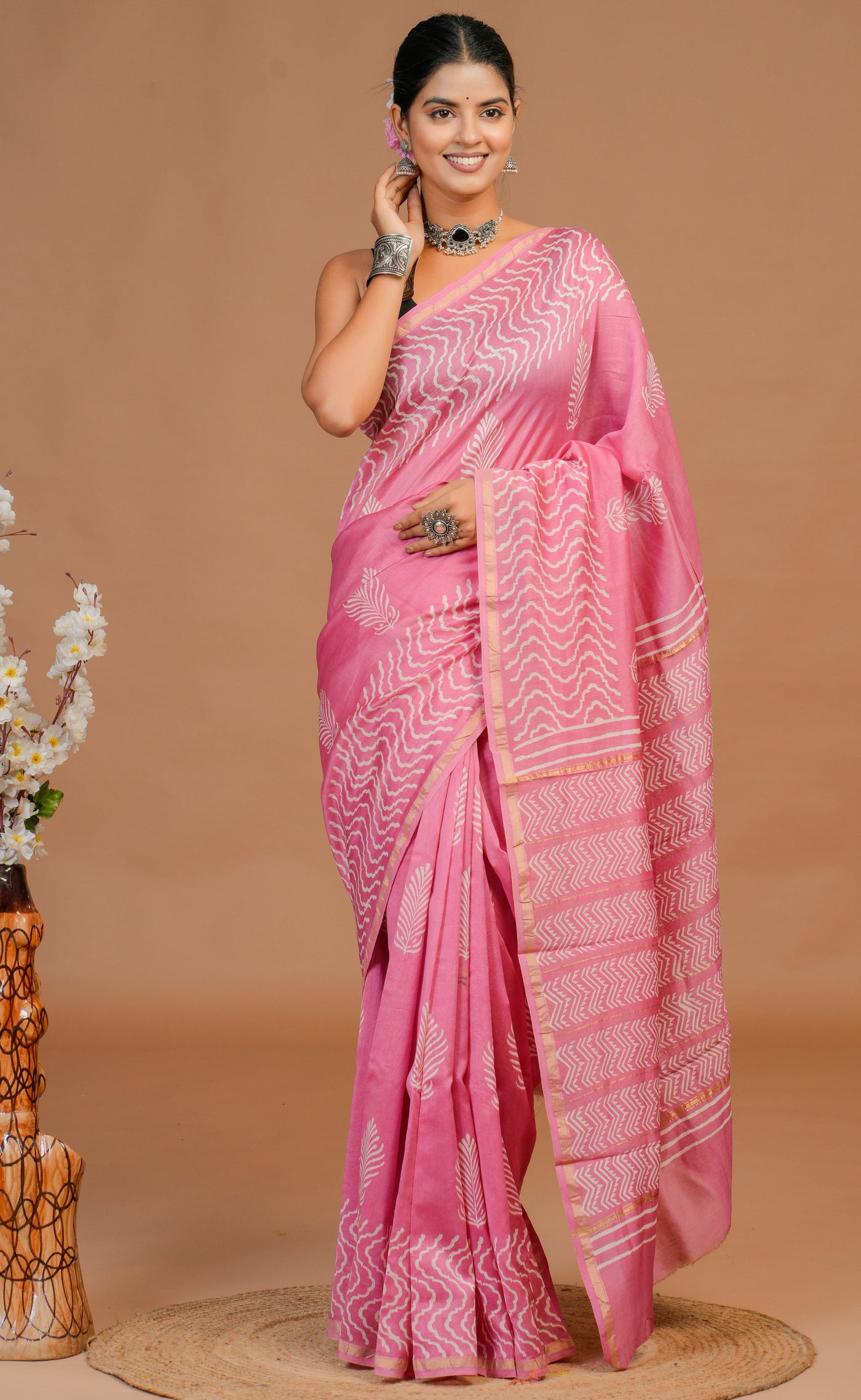 Chanderi Silk Bagru Print Saree with Zari Border ( CS12701)