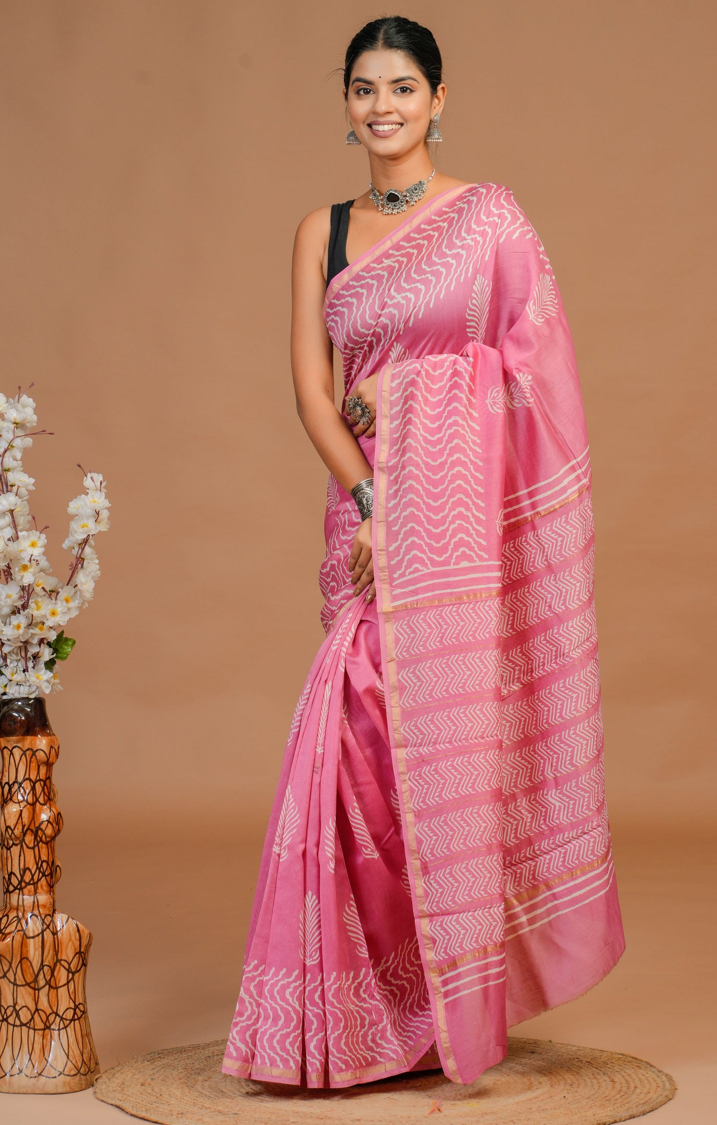 Chanderi Silk Bagru Print Saree with Zari Border ( CS12701)