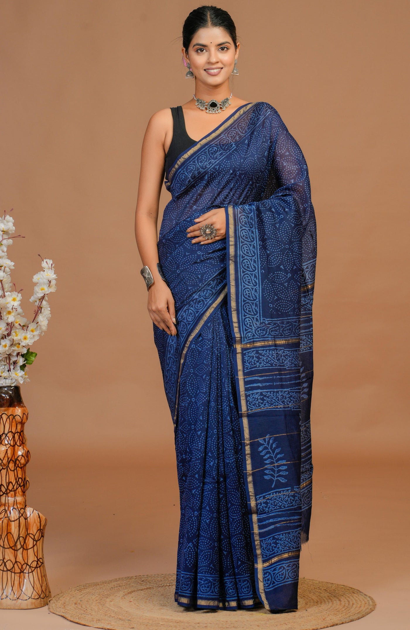 Chanderi Silk Bagru Print Saree with Zari Border ( CS61108)