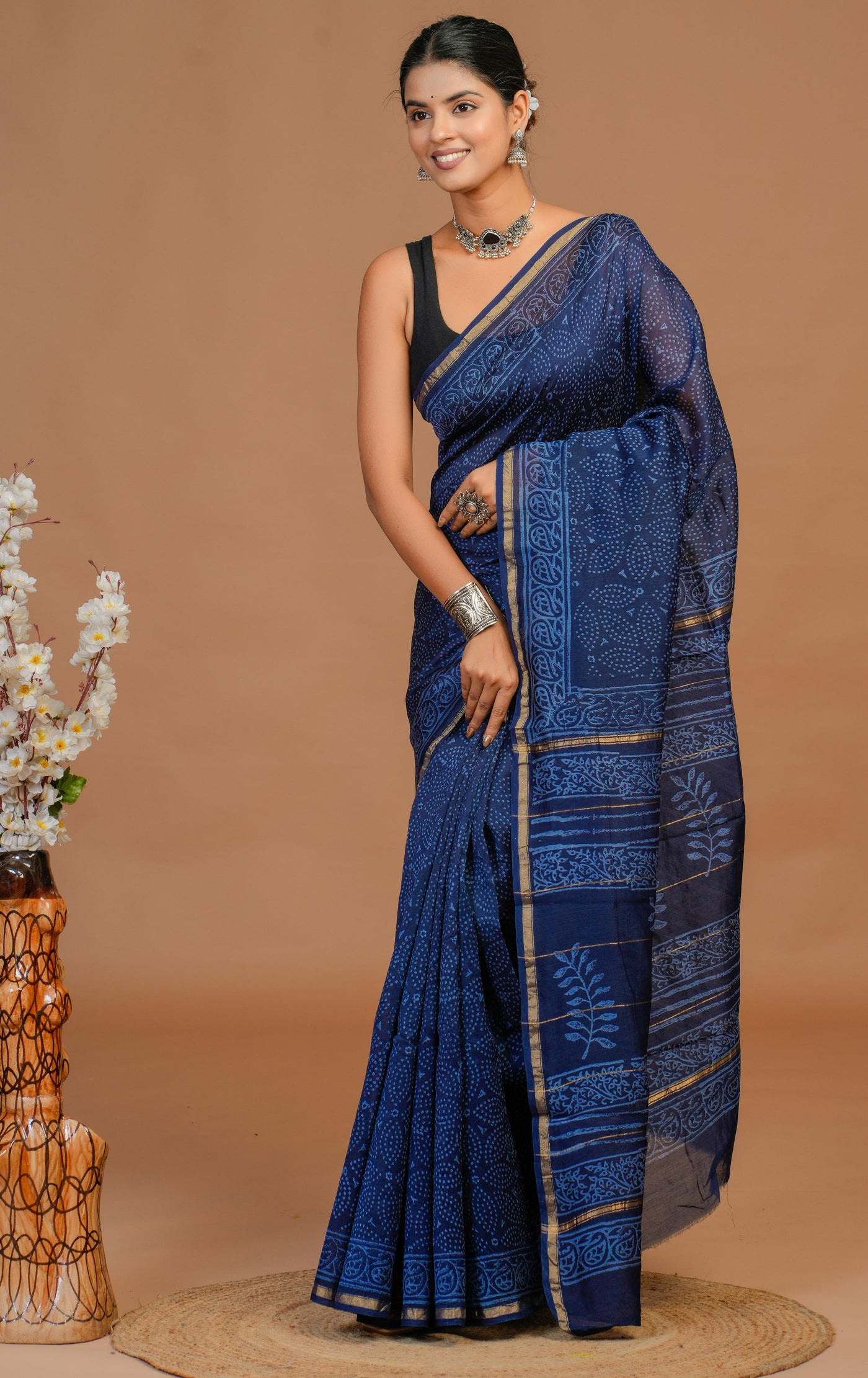 Chanderi Silk Bagru Print Saree with Zari Border ( CS61108)