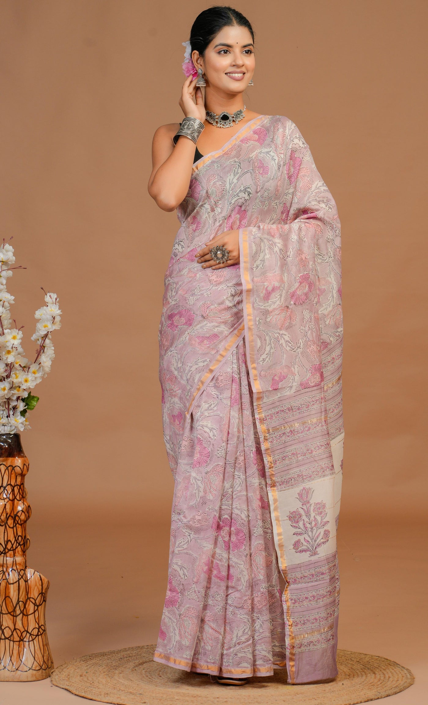 Chanderi Silk Bagru Print Saree with Zari Border ( CS61101)